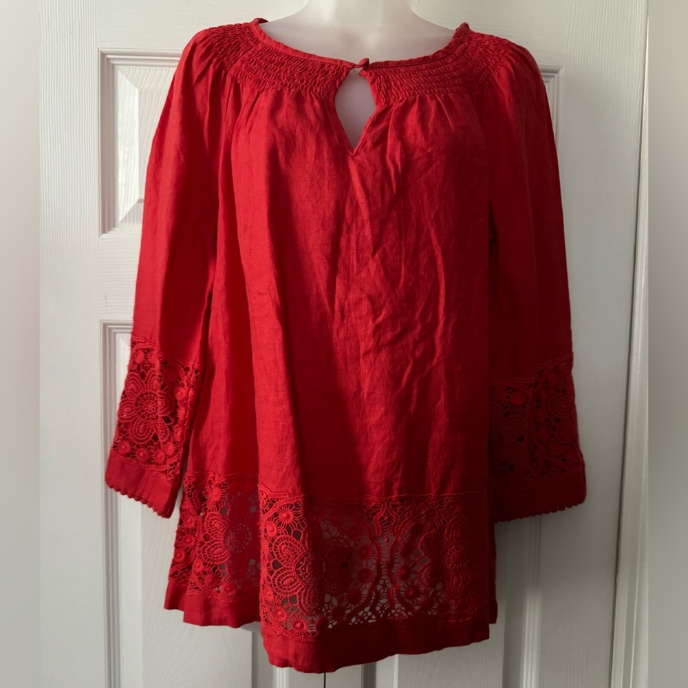 Charter Club Linen Smocked Lace/Crochet Tunic NWT